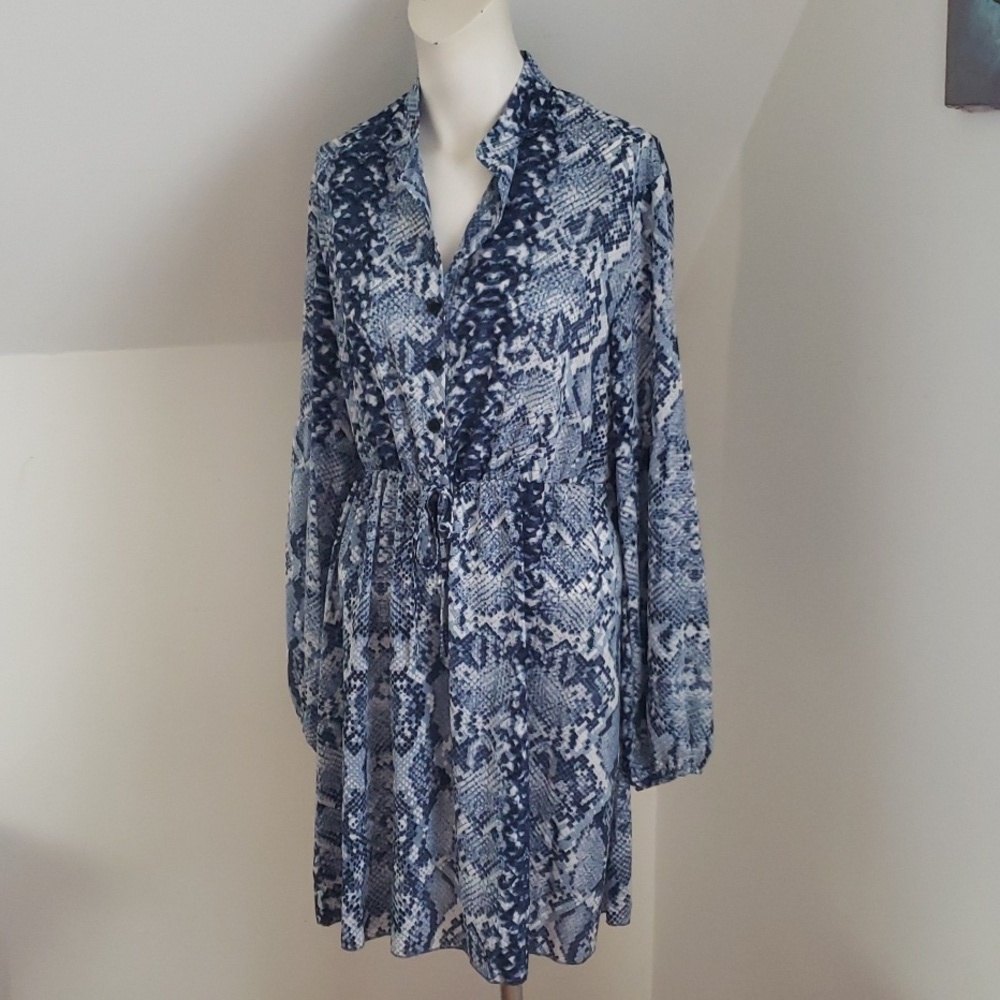 KURUNDO Blue Snake Print Shirt Style Long-sleeve Women's Dress, Size M